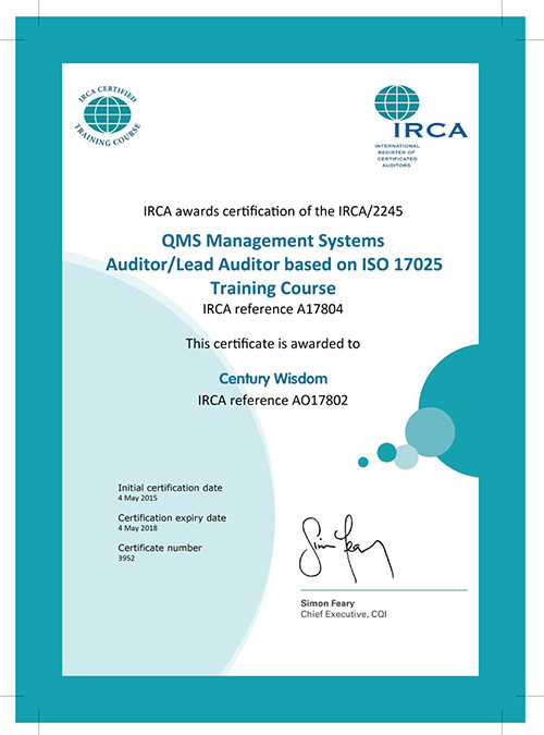 IRCA 審核心員培訓(xùn)授權(quán)證書